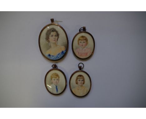 Dora Webb,&nbsp;a set of four portrait miniatures, comprising a mother and three children, three signed each on ivory, larges