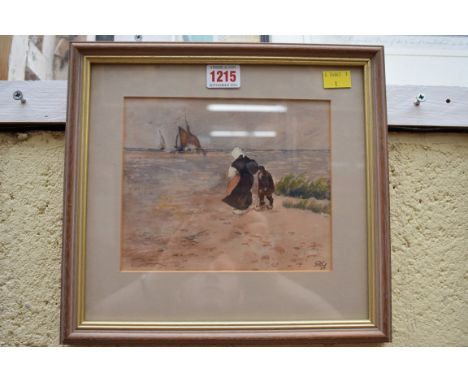 G R C,&nbsp;figures on a Dutch shoreline, monogrammed and dated '39, watercolour, 16 x 19cm. 
