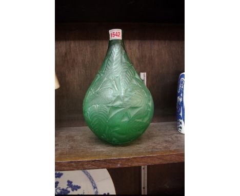 An R Lalique green 'Sauge' vase, inscribed and indistinctly numbered to base, 25.5cm high, (rim chips). 