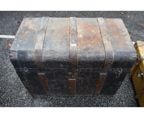 A Victorian metal and wood bound travelling trunk with fitted interior, 81.5cm wide.&nbsp;This lot can only be collected on S
