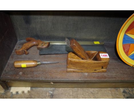 Three antique tools,&nbsp;comprising: a tenon saw, inscribed 'Moody, Portsea'; a plane; and an oyster knife, inscribed 'J D F