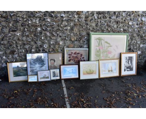 Twelve paintings and prints; to include a portrait of a boy; a pencil signed print of flowers and a watercolour of street by 