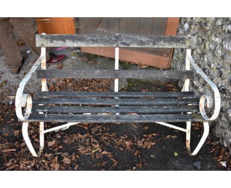 An old teak garden bench having steel supports, 122cm wide.&nbsp;This lot can only be collected on Saturday 5th September (10