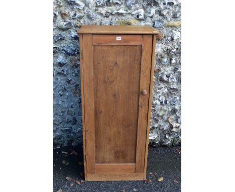 A pine and other wood pillar cabinet, having shelved interior, 54cm wide x 123cm high; together with a low pine shelf.&nbsp;T