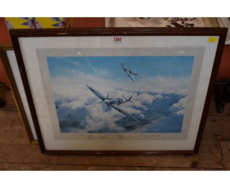 After Robert Taylor, 'Spitfire', signed in pencil by Douglas Bader and Johnny Johnson, colour print, I.33 x 47cm; together wi