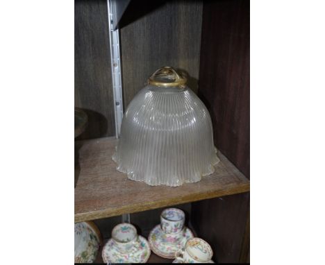 A Holophane glass light shade,&nbsp;with original brass gallery, 19cm diameter.&nbsp; 