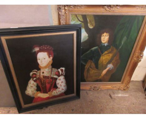 REPRODUCTION OIL ON CANVAS OF A PORTRAIT OF A TUDOR WOMAN IN AN EBONISED FRAME, TOGETHER WITH A FURTHER GILT FRAMED OIL ON CA