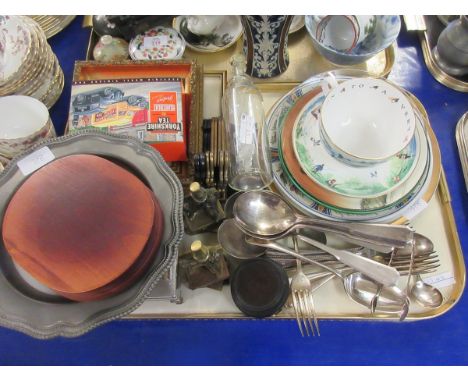 TRAY OF MIXED PLATED WARES, ONYX TABLE TOP BOX, GLASS SHIP IN A BOTTLE ETC    