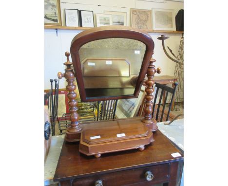 VICTORIAN MAHOGANY DRESSING TABLE MIRROR WITH BOBBIN TURNED SUPPORTS AND LIFT UP COMPARTMENT RAISED ON BUN FEET    