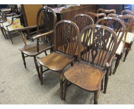 ELM HARD SEATED STICK BACK WHEEL BACK ARMCHAIR TOGETHER WITH A SET OF FOUR DINING CHAIRS (5)    