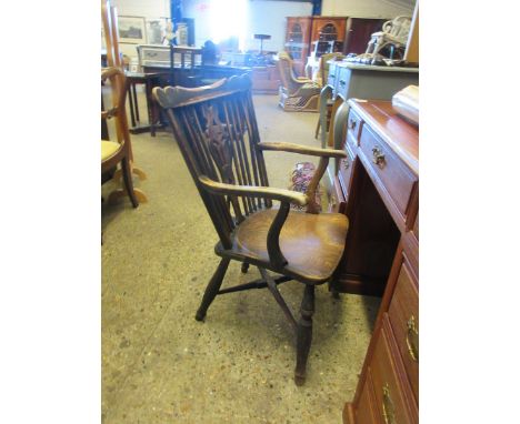 EARLY 19TH CENTURY ELM HARD SEATED STICK BACK ARMCHAIR WITH AN X FRAMED STRETCHER AND TURNED SUPPORTS    