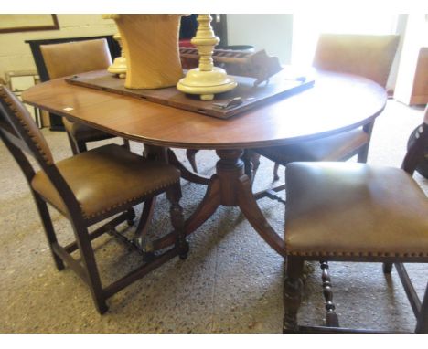 GOOD QUALITY REPRO MAHOGANY TWIN PEDESTAL DINING TABLE WITH ONE EXTRA LEAF EACH FITTED WITH TRIPOD BASES AND BRASS CASTORS   