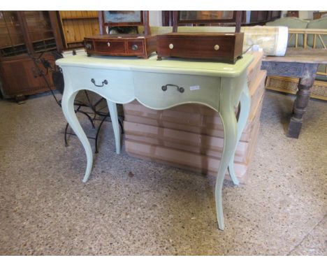 GREEN PAINTED TWO-DRAWER SIDE TABLE WITH SHAPED LEGS AND BRASS SWAN NECK HANDLES    