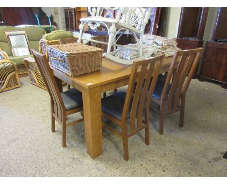 GOOD QUALITY MODERN OAK FRAMED EXTENDING DINING TABLE ON HEAVY SQUARE LEGS TOGETHER WITH A SET OF SIX MATCHING DINING CHAIRS 