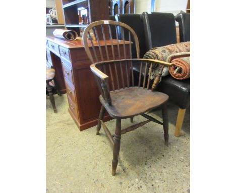 19TH CENTURY ELM HARD SEATED STICK BACK ARMCHAIR ON TURNED LEGS AND AN H STRETCHER    