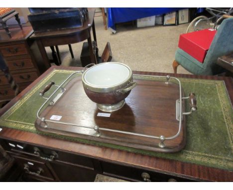 OAK AND SILVER PLATED GALLERIED TWO-HANDLED TRAY TOGETHER WITH A FURTHER SIMILAR PLANTER (2)    