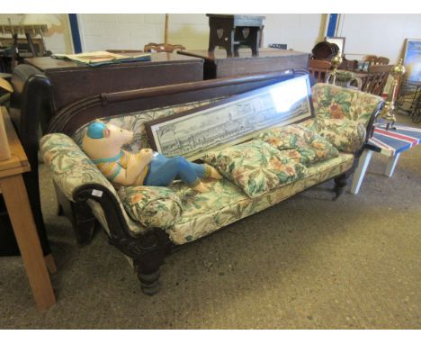 19TH CENTURY MAHOGANY SOFA WITH SCROLL SUPPORTS RAISED ON TURNED LEGS WITH FLORAL UPHOLSTERY    