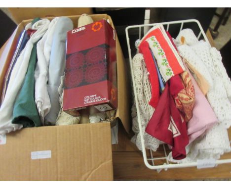 TWO BOXES OF MIXED TABLE LINENS, CROCHET WARES ETC    