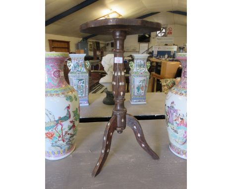 GOOD QUALITY MOTHER OF PEARL INLAID MOORISH TABLE WITH HEXAGONAL COLUMN ON A TRIPOD BASE    