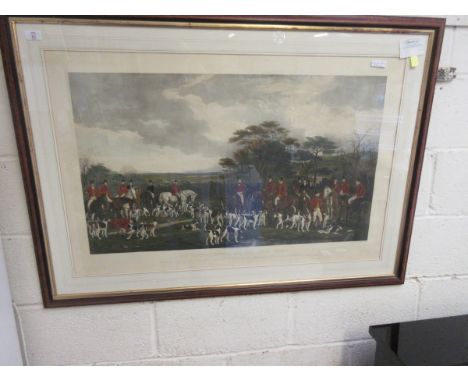 LARGE WALNUT FRAMED COLOURED HUNTING PRINT "SIR RICHARD SUTTON AND THE CORN HOUNDS"    