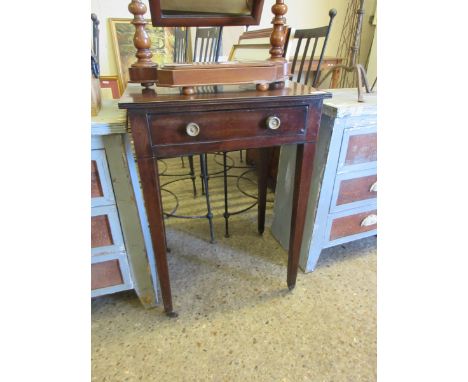 GEORGIAN MAHOGANY SINGLE DRAWER SIDE TABLE ON TAPERING SQUARE LEGS RAISED ON CASTERS    