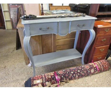 GREY PAINTED CONSOLE TABLE WITH SINGLE FULL WIDTH DRAWER AND SHAPED FEET WITH OPEN SHELF    