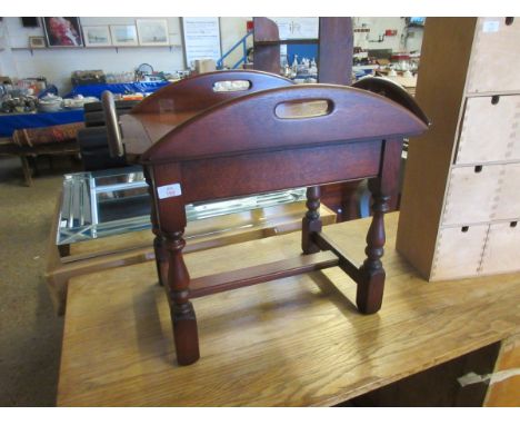 MODERN OAK FORMED TRAY TOP TABLE WITH FOUR DROP SIDES AND TURNED SUPPORTS    