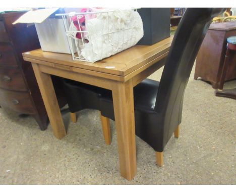 GOOD QUALITY MODERN LIGHT OAK SQUARE FORMED DRAW LEAF DINING TABLE AND A PAIR OF LEATHER L-SHAPED DINING CHAIRS    