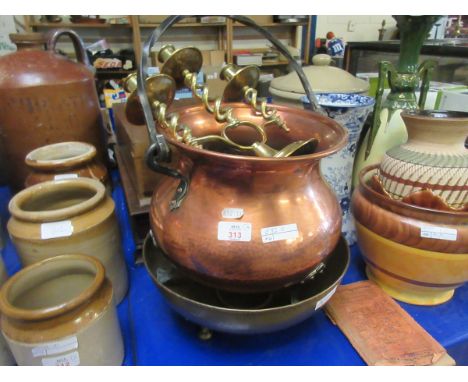 BRASS THREE BRANCH CANDLESTICK, A FURTHER BRASS CAULDRON TYPE VASE AND A COPPER THREE FOOTED BOWL    