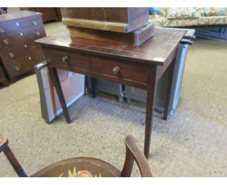 GEORGIAN MAHOGANY AND INLAID TWO DRAWER SIDE TABLE ON TAPERING SQUARE LEGS AND BUTTON HANDLES    