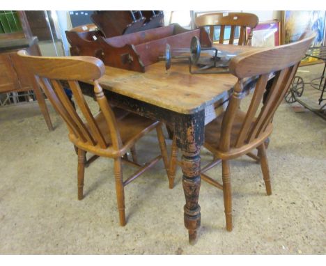 VICTORIAN PLANK TOP PINE KITCHEN TABLE ON TURNED LEGS    