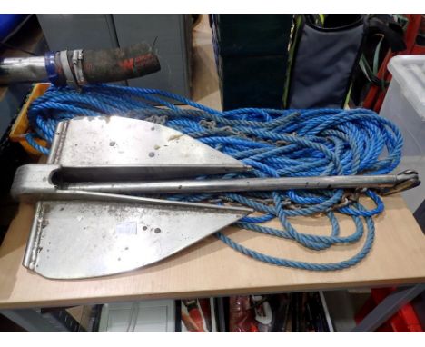 Large stainless steel boat anchor with chain and rope. Not available for in-house P&amp;P 
