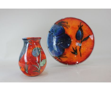 A Poole pottery Himalayan Poppy baluster vase, 15.5cm high, and a dish, 26.5cm diameter