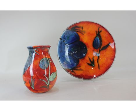 A Poole pottery Himalayan Poppy baluster vase, 15.5cm high, and a dish, 26.5cm diameter