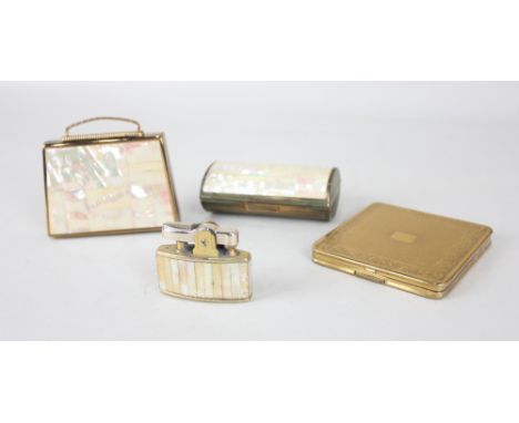 A Ronson lighter and oval cigarette case, with tiled mother of pearl decoration, together with a Mascot novelty handbag shape