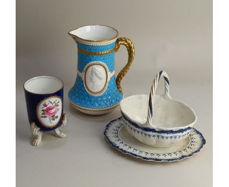 An early 19th century Wedgwood blue and white creamware basket and oval stand, both with impressed marks, (a/f) a turquoise a