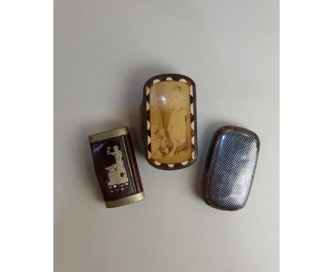 Three various snuff boxes, including one in horn with picture of a woman and children to lid 9.5cm and a metal mounted wooden