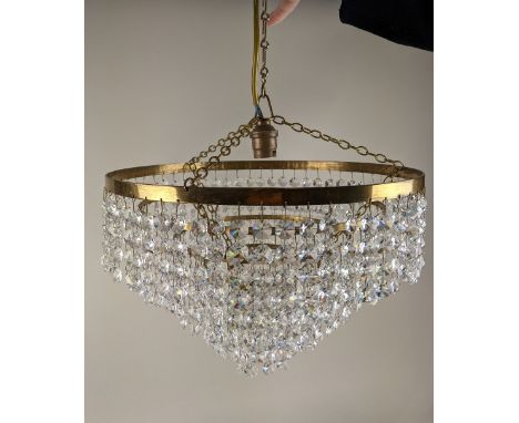 A circular brass five tier chandelier light fitting with hanging glass droplets, 30cm diameter