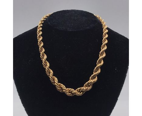 A 9 carat yellow gold graduated hollow rope link necklace to a bolt ring clasp with safety chain, 410 mm legth, width 6.4 to 