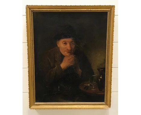 William Frederick Callaway (XIX), "Portrait of a man sitting at a table with a pipe, a glass and a jug", signed and dated 188