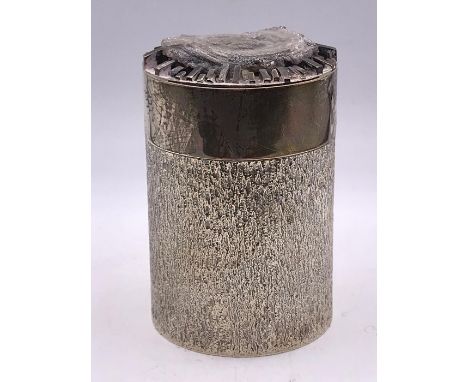 A David Deakin, silver and crystal cylindrical bark effect canister 11 cm High, hallmarked Birmingham 1973-74