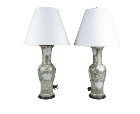This stunning duo comprises two ceramic vases fitted as lamps, adorned with a beautiful sage green floral chrysanthemum motif