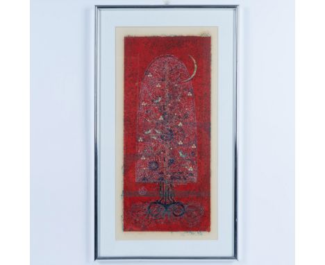 Original color woodcut on paper depicting an abstracted cross-section of a tree and its roots with birds on its branches and 
