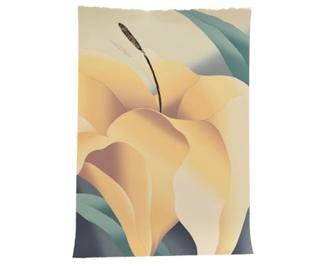 An exquisitely vibrant, large-scale color lithograph on wove paper, depicting a single lily flower with graceful curves and d