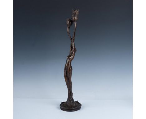 Splendid original antique Art Nouveau bronze three-light candelabrum by French sculptor Firmin Bate. The elongated nude exten
