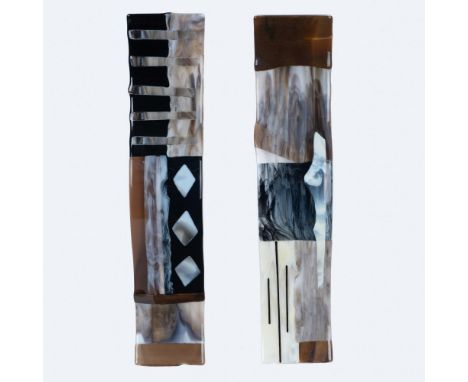 Contemporary painted glass panel wall hangings. They measure approximately 28.5"L x 6"W and 29.75"L x 6"W. Dimensions: See De