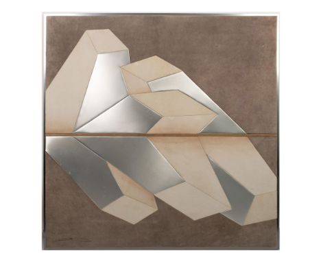 Large original Hard-Edge Modernist wall panel made with geometric cutouts in brushed aluminum and faux suede set in a brushed