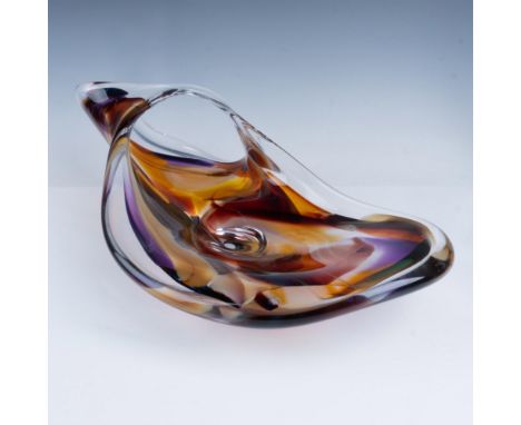This unique handblown glass bowl features jewel-tone accents within clear glass, combining brilliant colors in a clean, moder