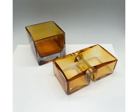 Duo of containers that includes a wide rimmed square vase and a double square ashtray. Largest item measures 8"L x 4.5"W x 2.