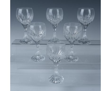 A set of 6 clear stemware decorated in deep vertical cuts. Baccarat marked. This item has its original box: 12.25"L x 8.25"W 